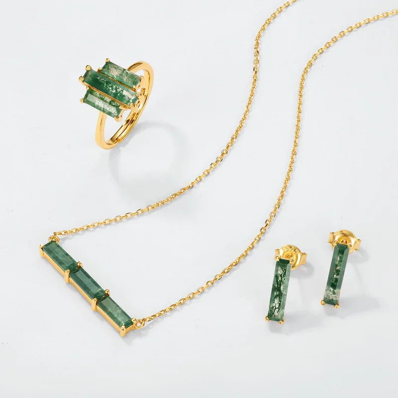 Everou Linear Moss Triad Necklace | 10K Gold S925 Silver | Moss Agate