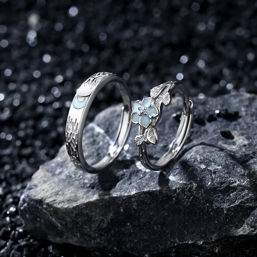Lunar Grove Band and Bloom Glow Ring | S925 Silver | Luminous enamel