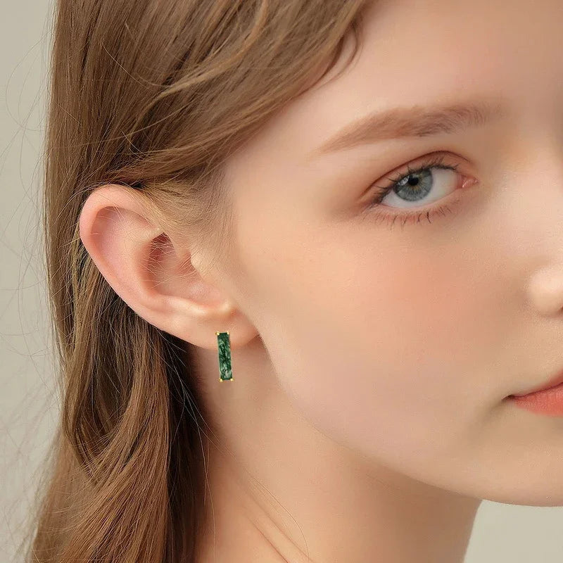 Everou Moss Prism Bar Earrings | 10K Gold S925 Silver | Moss Agate Stone