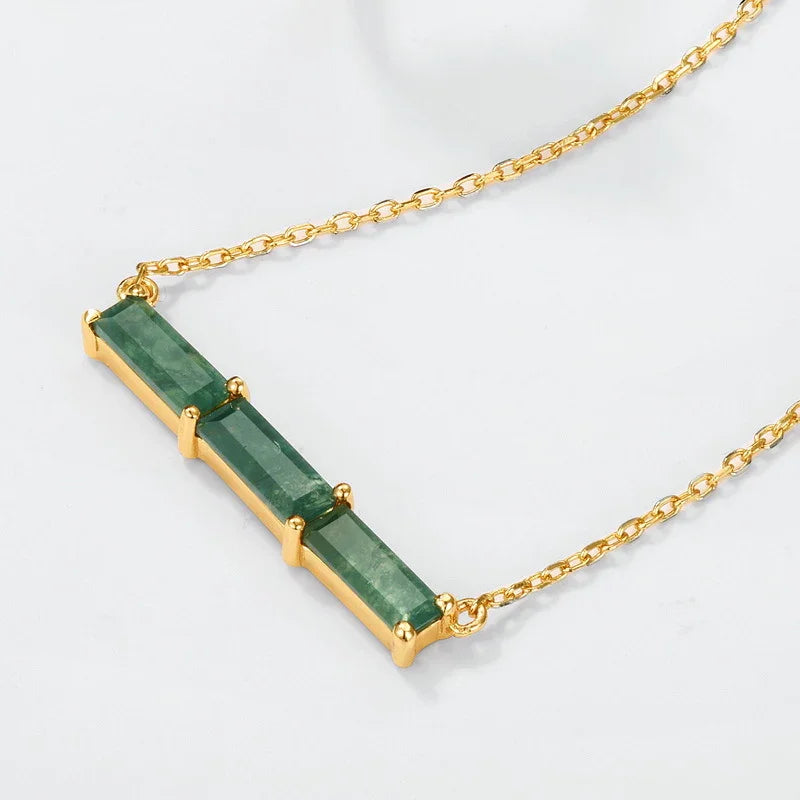 Everou Linear Moss Triad Necklace | 10K Gold S925 Silver | Moss Agate