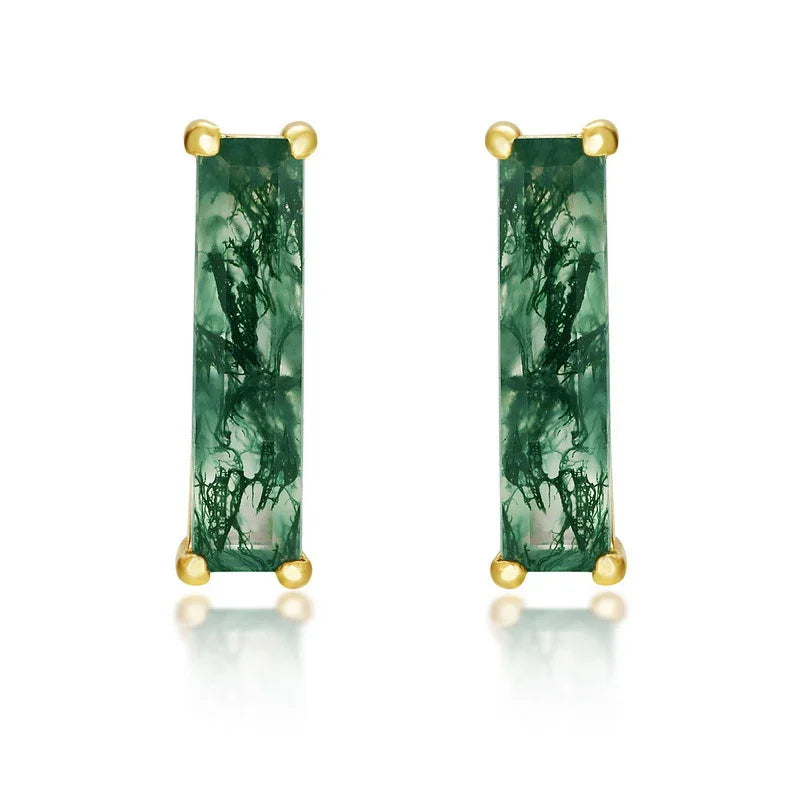 Everou Moss Prism Bar Earrings | 10K Gold S925 Silver | Moss Agate Stone