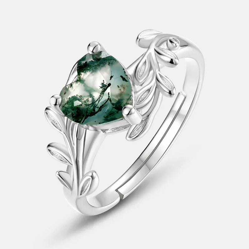 Everou Heart Moss Tendril Ring | S925 Silver | Moss Agate Stone