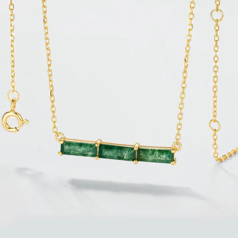 Everou Linear Moss Triad Necklace | 10K Gold S925 Silver | Moss Agate