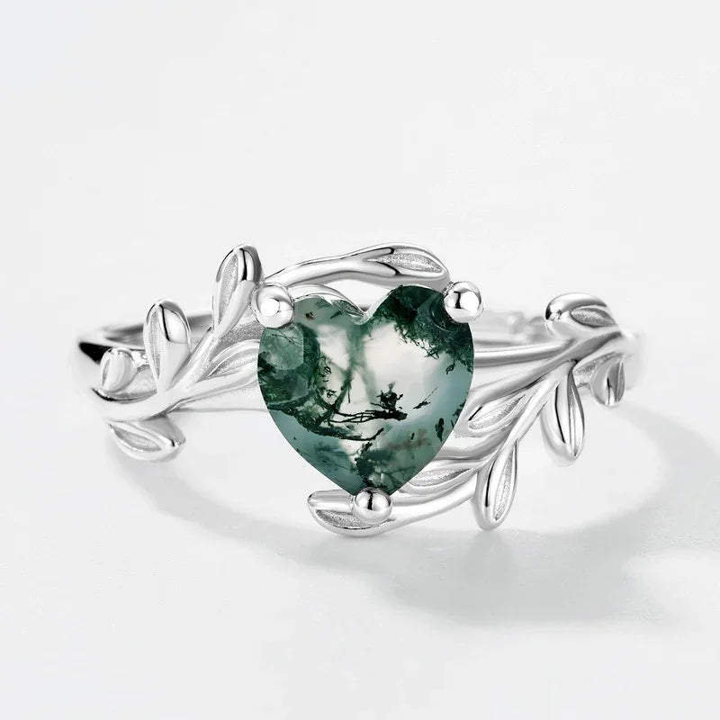 Everou Heart Moss Tendril Ring | S925 Silver | Moss Agate Stone