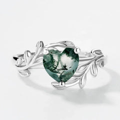 Everou Heart Moss Tendril Ring | S925 Silver | Moss Agate Stone