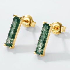 Everou Moss Prism Bar Earrings | 10K Gold S925 Silver | Moss Agate Stone