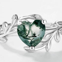 Everou Heart Moss Tendril Ring | S925 Silver | Moss Agate Stone