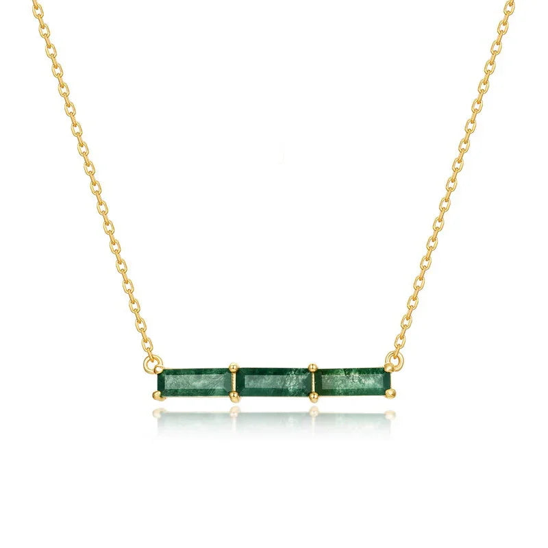 Everou Linear Moss Triad Necklace | 10K Gold S925 Silver | Moss Agate