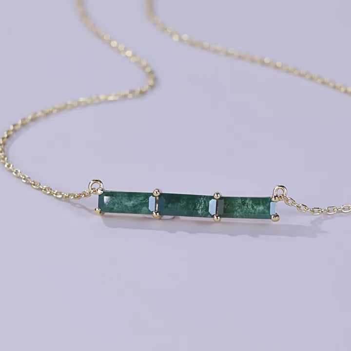 Everou Linear Moss Triad Necklace | 10K Gold S925 Silver | Moss Agate